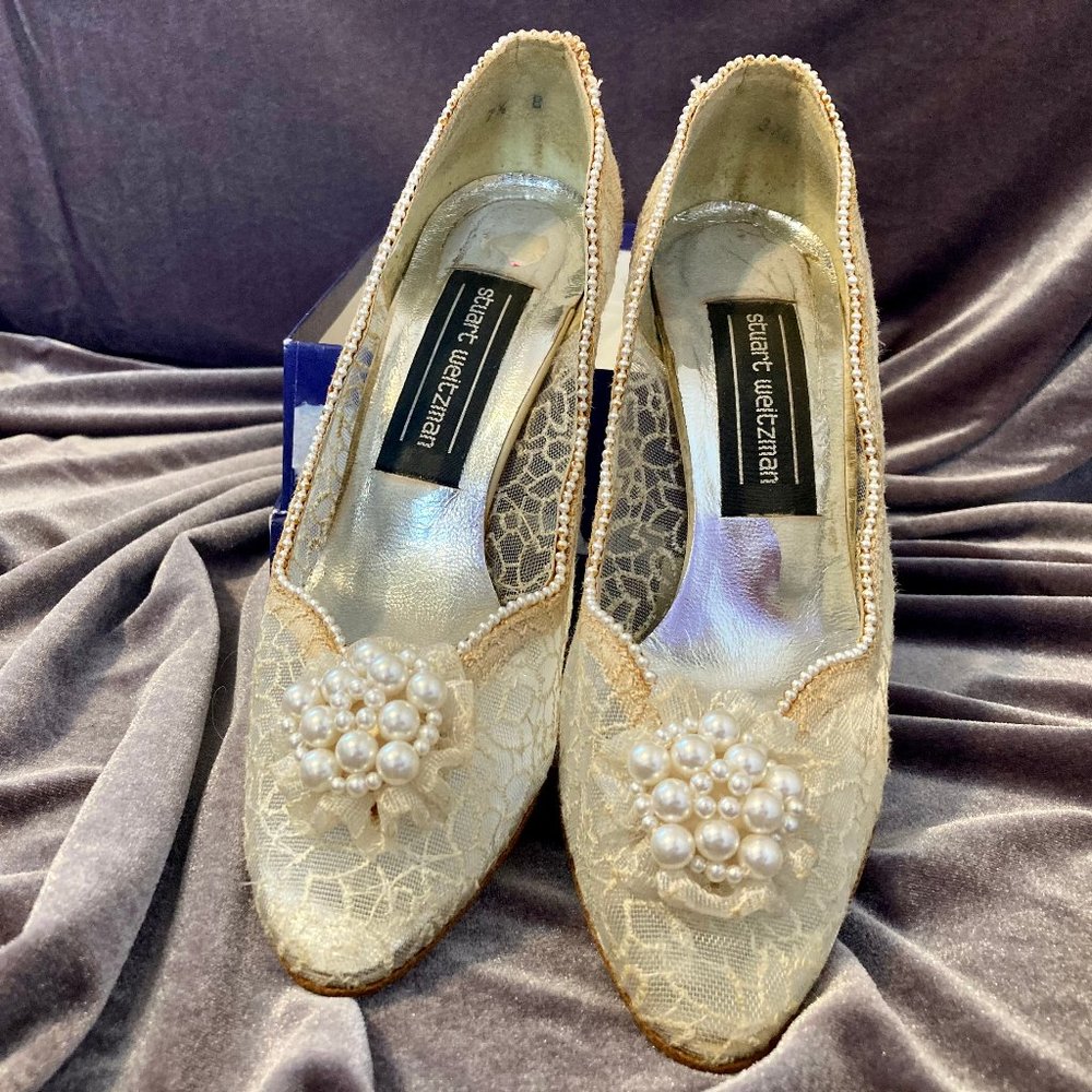 Stuart Weitzman Lace & Pearl Heels